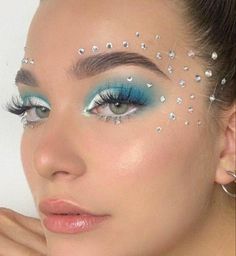 Mermaid Rhinestone Makeup, Mermaid Theme Outfit, Senior Traditions, Blue Festival Makeup, Bonnaroo 2023, Mermaid Inspired Makeup, Disco Mermaid, Ocean Makeup, Edc Makeup