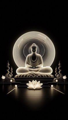 a buddha statue sitting in the middle of a dark room with lights on it's sides