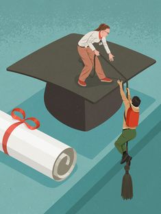 an illustration of a man on top of a graduation cap with a graduate's tassel