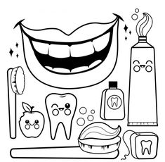 coloring book page with toothbrush, toothpaste and other dental care items stock