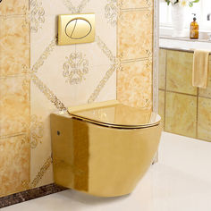 Modern Wall Mounted Plain Gold Toilet in a luxury bathroom Toilet Gold Interior Design, Gold Toilet Accessories, Gold Toilet Seat, Gold Free Standing Toilet Paper Holder, Luxury Bathroom Accessories, Gold Toilet, Bathroom Accessories Luxury, Silver Bathroom, Basin Sink Bathroom