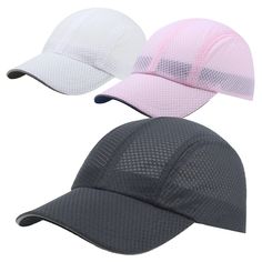 three different colored hats with mesh on the front and back, one in white, one in pink