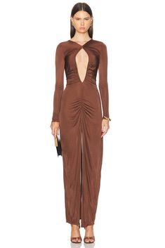 Find ATLEIN Cut Out Ruched Gown In Brown on Editorialist. Atlein Cut Out Ruched Gown in Brown 100% viscose. Made in France. Dry clean. Unlined. Hidden back zipper closure. Front ruching detail. ATLF-WD10. RA07. About the designer: Fitted Ruched Maxi Dress For Dinner, Ruched Pre-draped Maxi Dress, Silk Ruched Maxi Dress For Dinner, Fitted Pre-draped Ruched Maxi Dress, Ruched Gown, Bronze Dress, Plunging Neck Dress, Brown Outfit, Color Crush