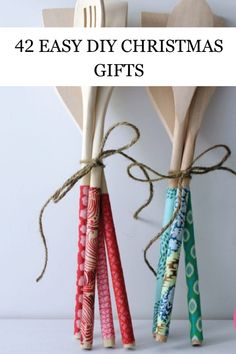 four wooden utensils tied with twine and text overlay that says 42 easy diy christmas gifts