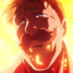 an anime character with red hair and a mustache, staring at the camera in front of a blazing background