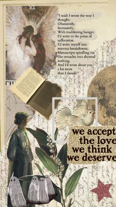 an altered collage with words and pictures on it, including two doves in the background