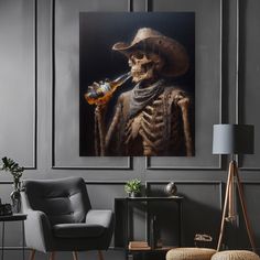 a living room scene with a skeleton drinking from a bottle