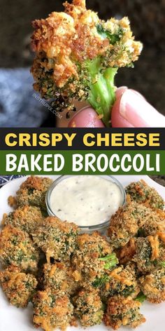 crispy cheese baked broccoli on a white plate with ranch dip in the middle