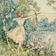 a drawing of a girl with a bow and arrow in her hand standing next to flowers