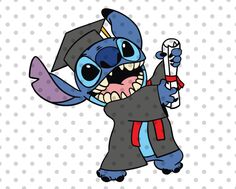 the stitchy cartoon character is holding a bottle and wearing a graduation cap, gown