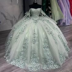 a green ball gown with flowers on the skirt and long sleeves is displayed in front of other dresses