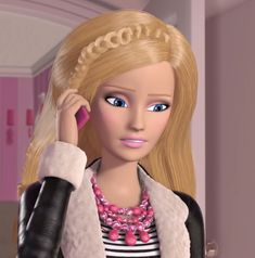 a barbie doll with blonde hair wearing a black and white striped shirt, pink necklace and leather jacket