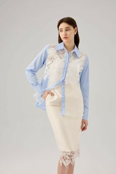 Material: 100% Cotton Spring Cotton Lace Patchwork Top, Chic Long Sleeve Lace Top With Lace Collar, Chic Lace Patchwork Tops For Spring, Elegant Spring Lace Patchwork Top, Spring Formal Lace Patchwork Top, Elegant Lace Patchwork Top For Spring, Chic Long Sleeve Lace Top With Lace Cuffs, Chic Cotton Shirt For Layering, Spring Collared Blouse With Lace Trim