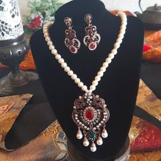 Beautiful Traditional Dubai Wedding, Party Set. Is Must Have. The Center Master Piece Can Be Brooch. Its Made Of Zinc Alloy Mtal, Faux Pearls, And Natural Stone In Resin. The Length Of Necklace Is 35cm / 13.78 In. & The Earrings Are Pierced & 1 1/2 Inch Long. * Never Worn* Dubai Wedding, Ethnic Necklaces, Necklace Earring Set, Lady In Red, Faux Pearl, Womens Jewelry Necklace, Earring Set, Natural Stones, Jewelry Necklaces