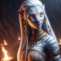 an image of a woman with white hair and yellow eyes in front of some candles