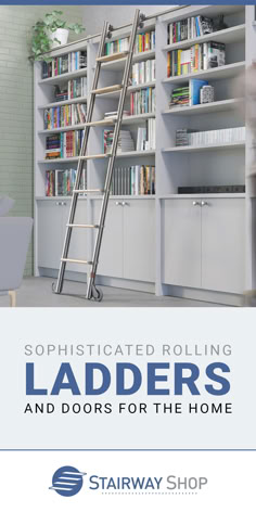 A photo of a sleek modern rolling library ladder installed on a large, built-in bookcase filled with books and other media. Below that, the pin title in bold text. Below that, the Stairway Shop logo. Attic Ladders, Traditional Stairs, Mid Modern House, Library Ladders, Rolling Ladder, Home Library Rooms, Stairs Railing, Library Ladder, Library Shelves