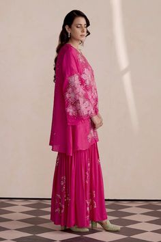 Hot pink silk kurta with floral and beaded embroidery. Comes with sharara and a cotton slip. - Aza Fashions Kurta And Sharara Set, Kurta And Sharara, Pink Kurta, Cotton Slip, Silk Kurta, Beaded Neckline, Sharara Set, Pink Silk, Embroidered Silk