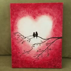 a painting of two birds sitting on a tree branch with a heart in the background