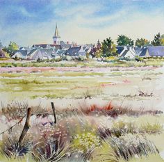 a watercolor painting of a town in the distance with trees and grass around it