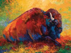 a painting of a bison laying down on the ground in front of yellow and red colors