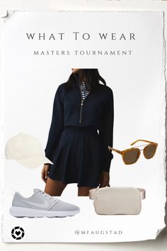 a woman in a blue dress and sunglasses with the words, what to wear masters tournament