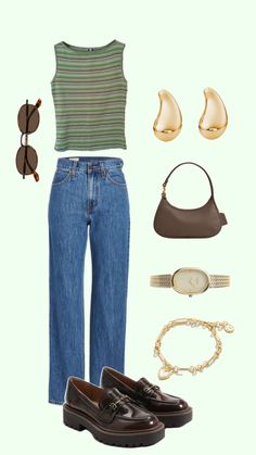 a woman's outfit and accessories including shoes, sunglasses, bracelets and purse