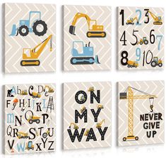 four canvases with construction vehicles and numbers on them, one for each child's name