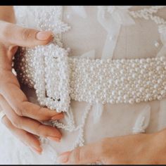 Never Worn Freshwater Pearl Custom Bridal Belt. The Belt On The Table Is The One I Had Made With Fresh Water Pearls. The Model Photos Are Just The Designers Examples. Mirror Photo Is Me Wearing The Custom Belt, I Did Not End Up Wearing For My Wedding So It Is Totally Brand New And Unused. Size 27.5in But I’m Sure If You Needed Larger, You Could Easily Have Material Added On The Back. Pearl Wedding Accessories, Pearl Belt, Wedding Renewal, Calamigos Ranch, Fantastic Fashion, Lace Wedding Dress With Sleeves, Valentines Crafts