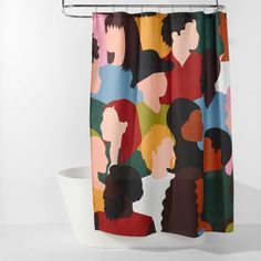 a shower curtain with people on it in multi - colored colors and black, red, yellow, green, blue, orange