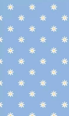 a blue background with white and yellow flowers on the bottom half of it, all over