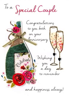 a greeting card with an image of two champagne glasses and flowers on the front, which reads to a special couple congratulationss to you both on your anniversary