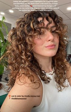 Mid Length Curly Hair With Face Framing, Brown Curly Hair Dye Ideas, Spring Curly Hair Color, Summer Curly Hair Color, Blonde Highlights On Dark Hair Curly, Highlights For Curly Hair Natural Curls, Long Naturally Curly Hair, Short Curly Blonde Hair, Curly Curtain Bangs