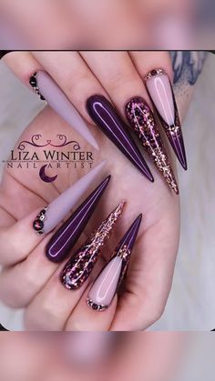 This purple and pin shimmer and shine set is sure to stop the show.   • #nails #acrylicnails #nailsforbaddie #baddie #nailsinspo #nails2022 #nails2023 #christmasparty #holidayparty #naildesign #stilettonails Amethyst Nails, Stiletto Nail Designs, Stiletto Nail Art, Pretty Nail Art Designs, Nail Swag, Glam Nails