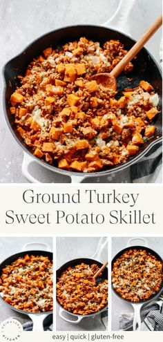 ground turkey and sweet potato skillet is shown in four different stages to be cooked