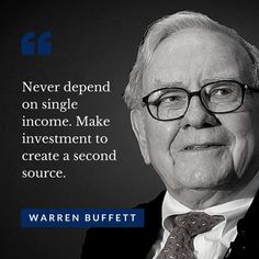 an older man wearing glasses and a suit with a quote from warren buffet on it