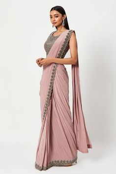 Shop for Rishi and Soujit Pink Crepe Pre-draped Saree With Embroidered Blouse for Women Online at Aza Fashions Pre-draped Saree With Resham Embroidery, Designer Wear Pink Draped Dupatta, Designer Pink Draped Dupatta, Pink Draped Designer Wear Dupatta, Evening Pink Saree With Resham Embroidery, Pink Pre-draped Saree With Zari Work For Evening, Pink Draped Pre-draped Saree For Diwali, Pink Pre-draped Saree For Reception, Pink Georgette Draped Saree