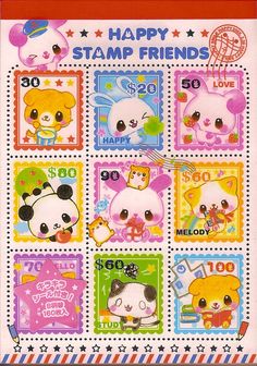 stamps with cartoon animals on them and the words happy stamp friends written in different languages