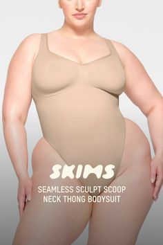 This scoop neck sculpting thong bodysuit enhances your natural shape while defining and smoothing your waist, core, tummy, and back. Features thick non-adjustable straps, center front and side stitching to define and support your bust, and a cotton gusset with snap closure. Fits true to size. | SKIMS Scoop Neck Thong Bodysuit | Light Neutral | 2XS | Seamless Sculpt Neck Sculpting, Side Stitch, Natural Shapes, Shapewear, Snap Closure, Scoop Neck, Adjustable Straps, Lounge Wear, Stitching