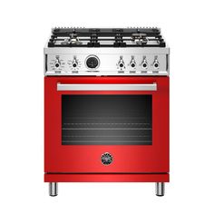 a red stove with two burners and one oven door on the front, is shown