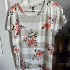 Shein Shirt. Size L. Never Worn And Still Has A Tag On It. White Rose Print Short Sleeve Top, White Cotton Top With Rose Print, White Cotton Rose Print Top, White Cotton Tops With Rose Print, Summer Floral Print Tops For Loungewear, Tops Shein, Swiftly Tech Short Sleeve, White Floral Top, Cut Tees