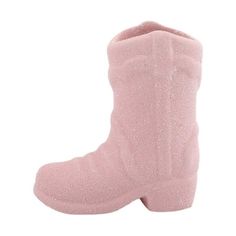 a pair of pink boots with glitter on the bottom and side, against a white background