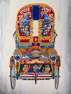 an artistic painting of a rickshaw painted in bright colors