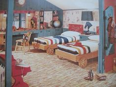 this is an image of a bedroom with two beds and toys on the floor in it