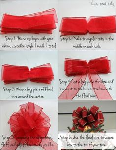 step by step instructions on how to make a bow for a christmas tree or wreath