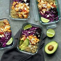 four plastic containers filled with different types of food next to an avocado and lime