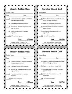 four black and white check cards with the words interactive notebook check on them, all lined up