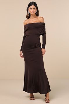 Effortlessly Stunning Dark Brown Off-the-Shoulder Maxi Dress Brown Dresses Outfit, Fall Formal Dresses, Dark Brown Dress, Burgundy Casual Dress, Fitted Prom Dresses, Floor Length Maxi Dress, Fall Wedding Guest Dress, Mermaid Skirt, Maxi Dress Evening