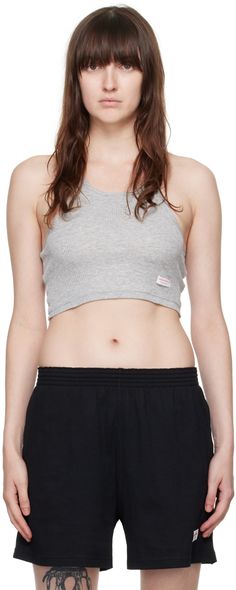 Semi-sheer cotton ribbed jersey tank top. · Scoop neck · Logo patch at cropped hem · Racer back Available exclusively at SSENSE. Supplier color: Heather grey Ribbed Cotton Racerback Crop Top, Cotton Ribbed Racerback Crop Top, Jersey Tank Top, Racer Back, Alexander Wang, Patch Logo, Apparel Accessories, Heather Grey, Scoop Neck