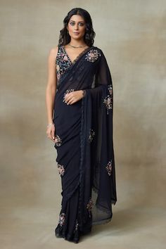 Black saree featuring resham embroidered floral cluster motifs, highlighted by sequin, bead and lace border embellishments. Comes with embroidered padded blouse. - Aza Fashions Black Organza Saree, Sarees Black, Motifs Embroidery, Pleated Saree, Bridesmaid Saree, Fancy Sarees Party Wear, Tissue Saree, Black Saree, Embroidery Saree