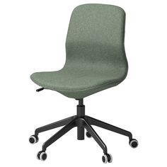 a green office chair with wheels and casteors on an isolated white background, viewed from the front